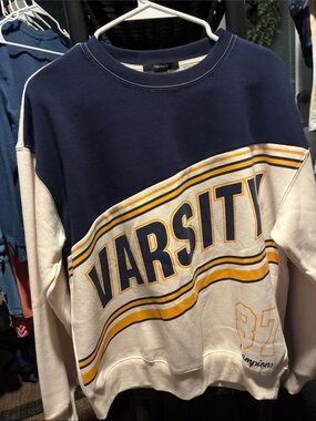 Forever 21 Women’s Navy, Cream & Yellow Varsity Crewneck Sweatshirt, oversized